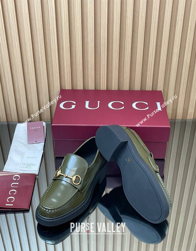Gucci Shiny Leather Loafers 4.5cm with Horsebit Green 2025 840725 (MD-250828091)