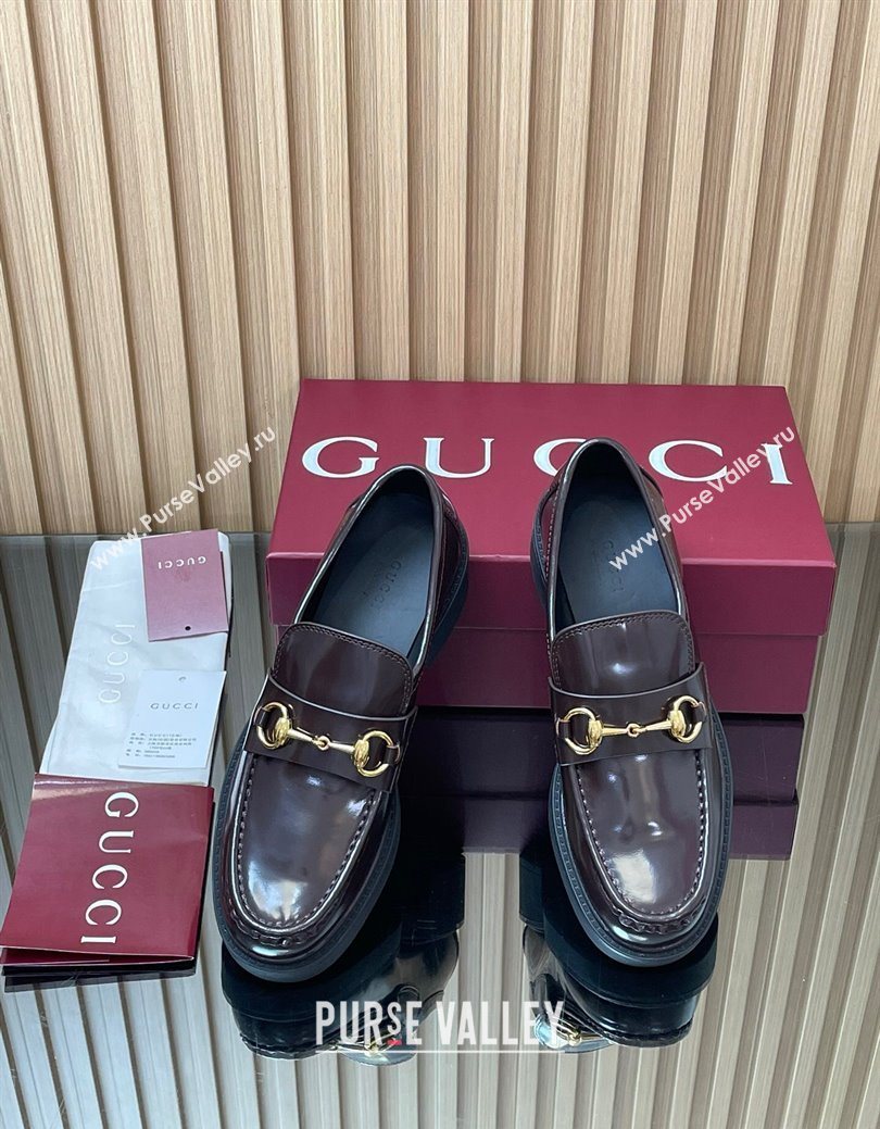 Gucci Shiny Leather Loafers 4.5cm with Horsebit Brown 2025 840725 (MD-250828092)