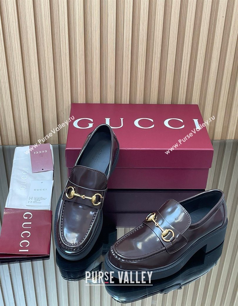 Gucci Shiny Leather Loafers 4.5cm with Horsebit Brown 2025 840725 (MD-250828092)