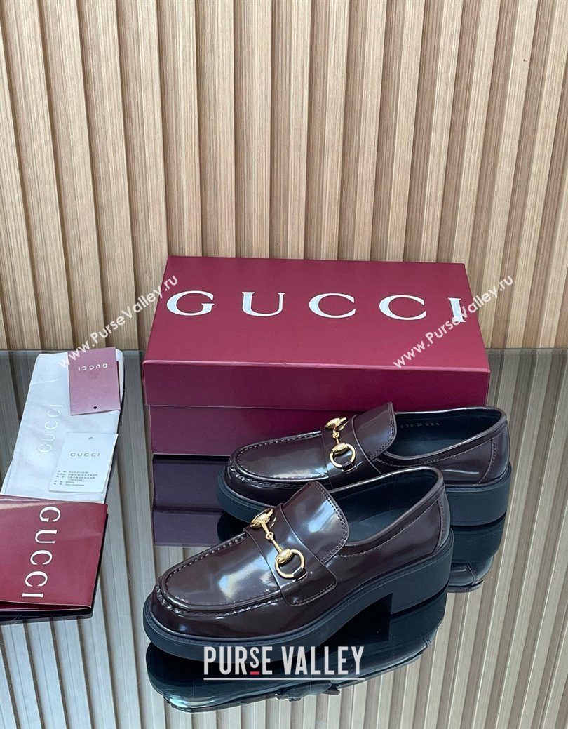 Gucci Shiny Leather Loafers 4.5cm with Horsebit Brown 2025 840725 (MD-250828092)
