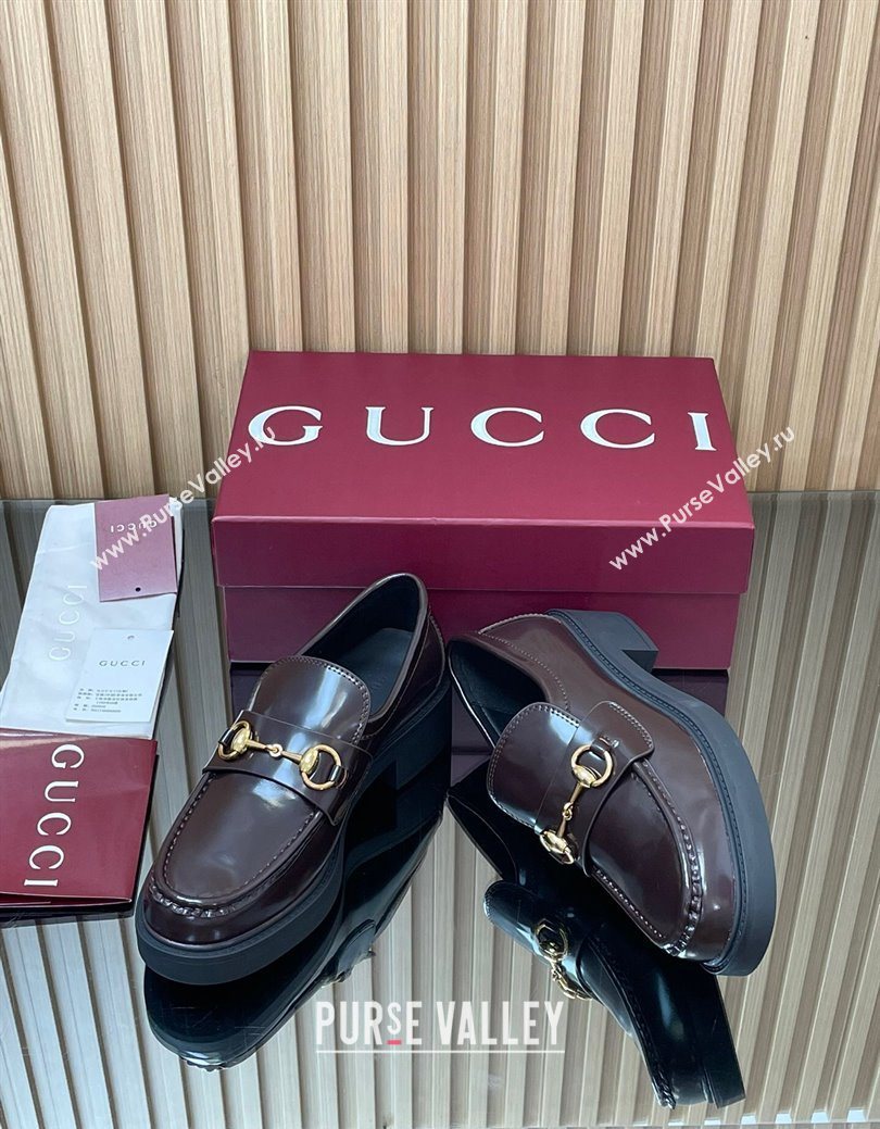 Gucci Shiny Leather Loafers 4.5cm with Horsebit Brown 2025 840725 (MD-250828092)