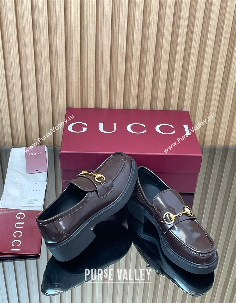 Gucci Shiny Leather Loafers 4.5cm with Horsebit Brown 2025 840725 (MD-250828092)