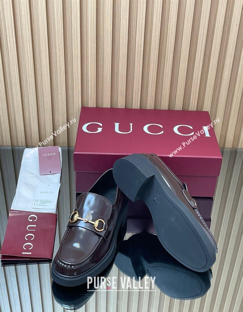 Gucci Shiny Leather Loafers 4.5cm with Horsebit Brown 2025 840725 (MD-250828092)
