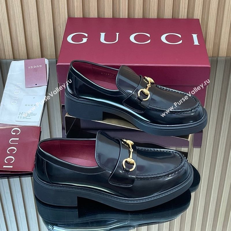 Gucci Shiny Leather Loafers 4.5cm with Horsebit Black 2025 840725 (MD-250828093)