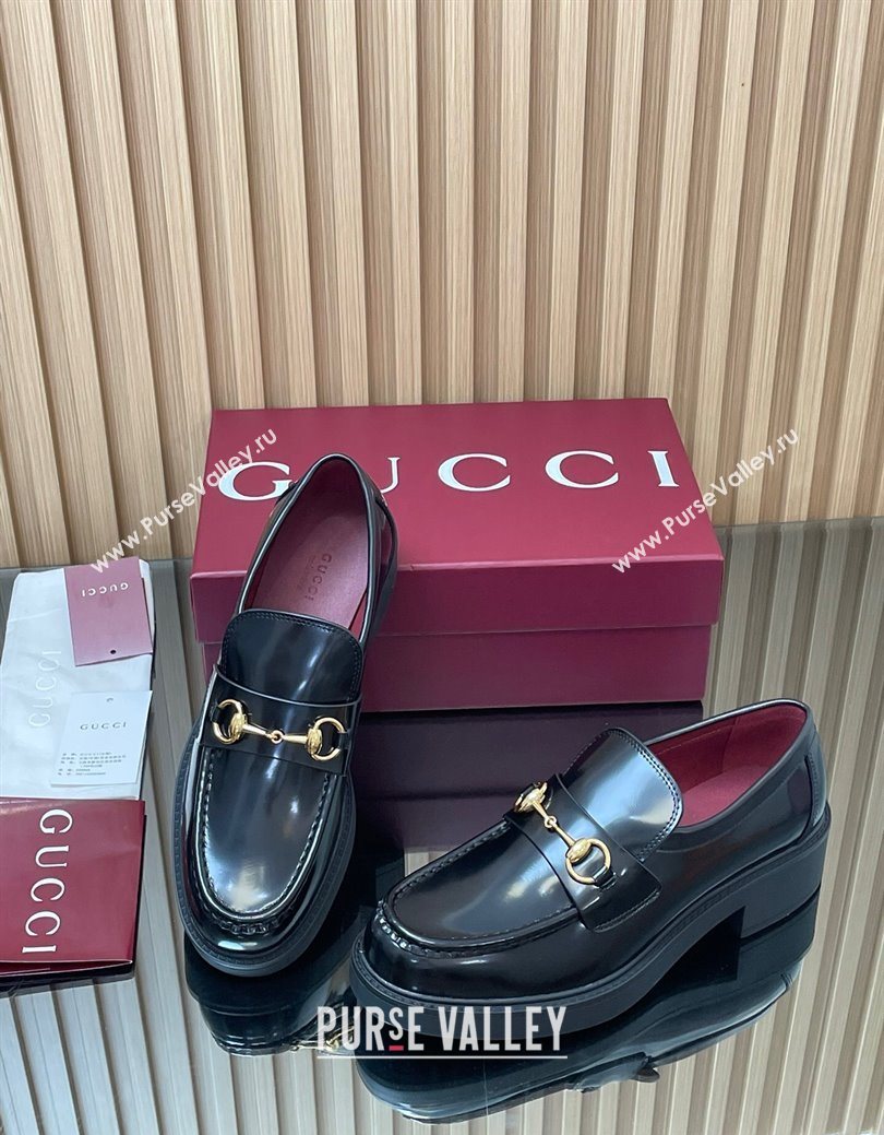 Gucci Shiny Leather Loafers 4.5cm with Horsebit Black 2025 840725 (MD-250828093)