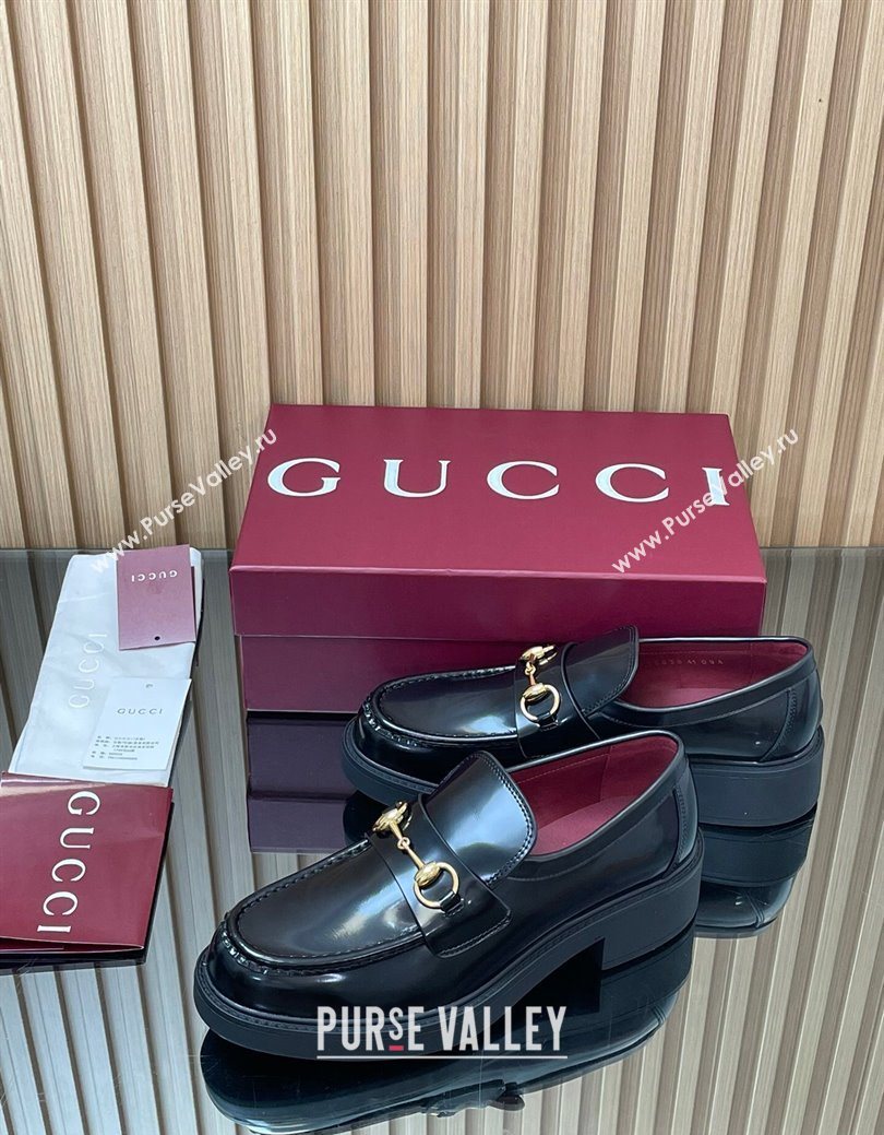 Gucci Shiny Leather Loafers 4.5cm with Horsebit Black 2025 840725 (MD-250828093)