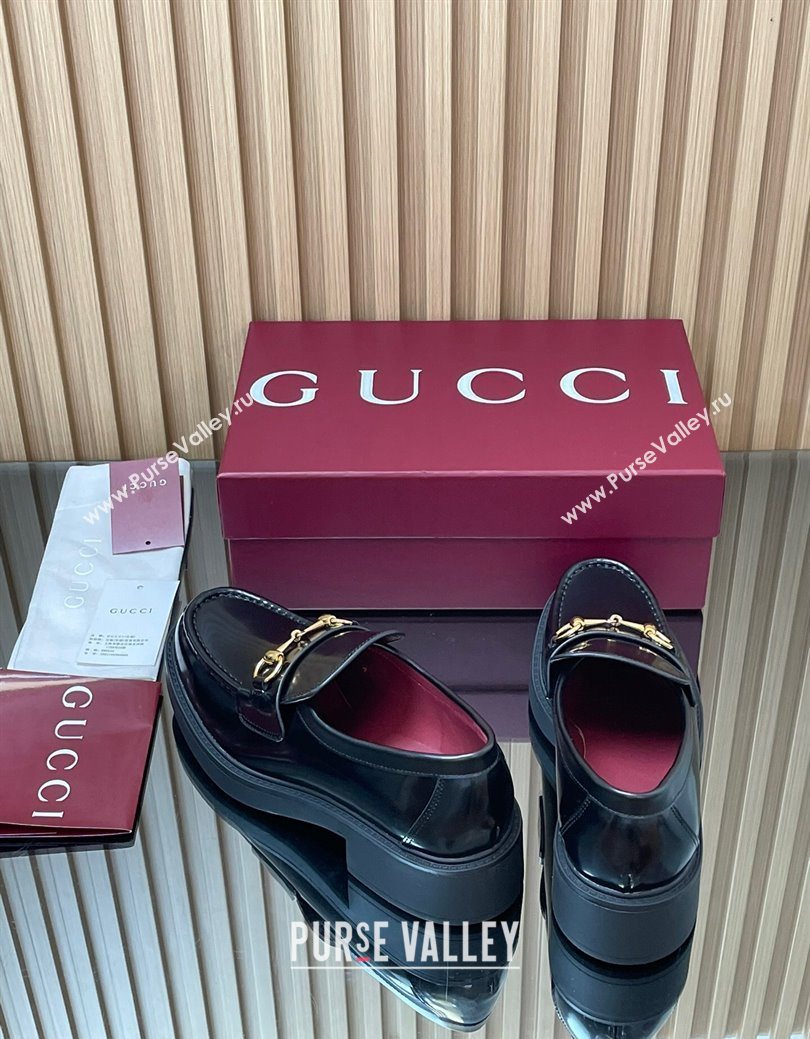 Gucci Shiny Leather Loafers 4.5cm with Horsebit Black 2025 840725 (MD-250828093)