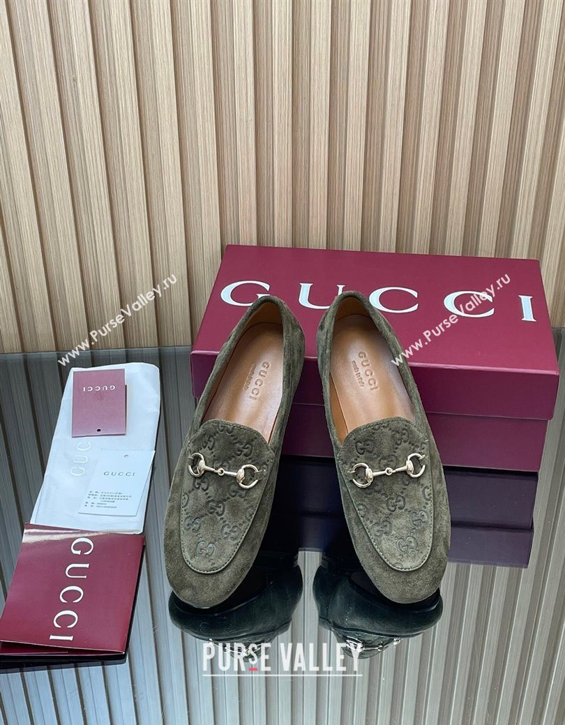 Gucci Jordaan GG Upper Suede Flat Loafers with Horsebit Green 2025 840725 (MD-250828096)