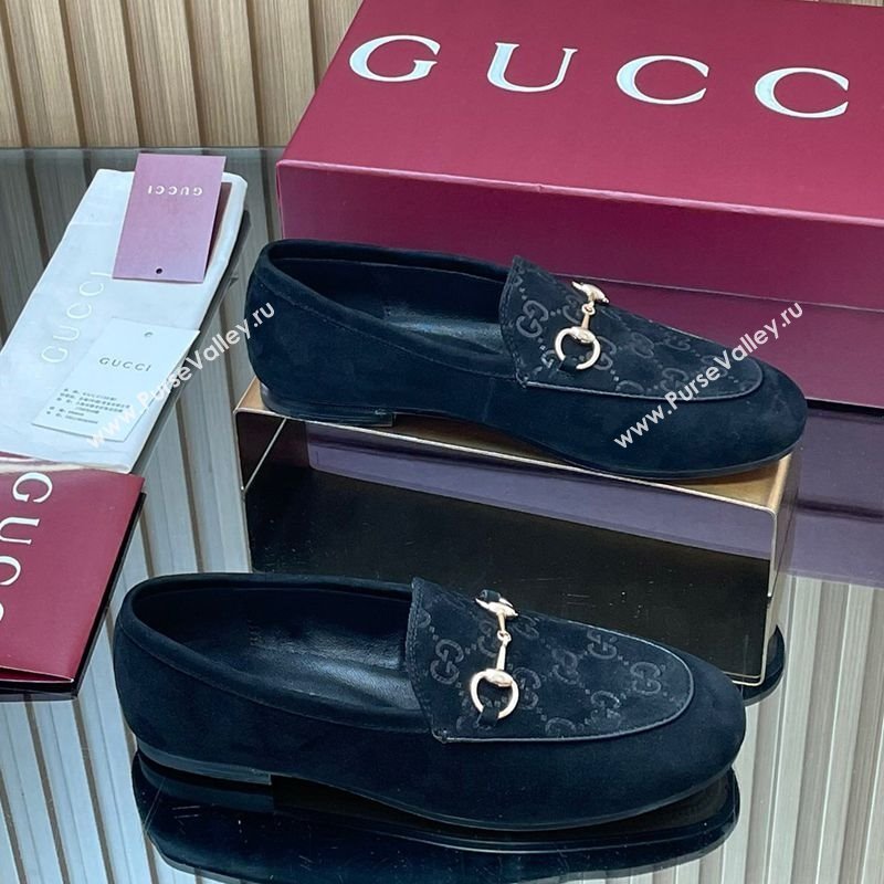 Gucci Jordaan GG Upper Suede Flat Loafers with Horsebit Black 2025 840725 (MD-250828095)