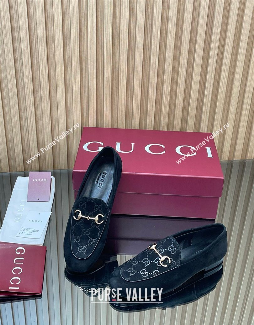 Gucci Jordaan GG Upper Suede Flat Loafers with Horsebit Black 2025 840725 (MD-250828095)