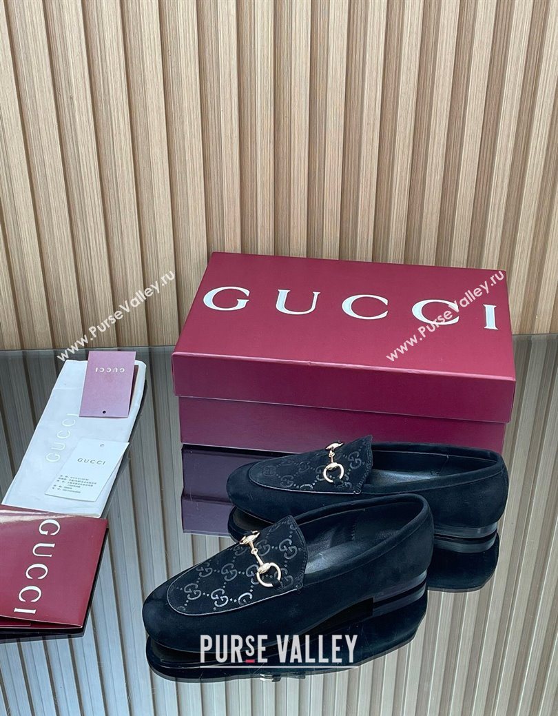 Gucci Jordaan GG Upper Suede Flat Loafers with Horsebit Black 2025 840725 (MD-250828095)