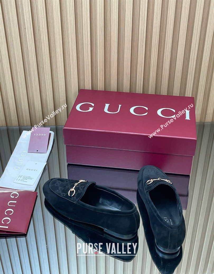 Gucci Jordaan GG Upper Suede Flat Loafers with Horsebit Black 2025 840725 (MD-250828095)