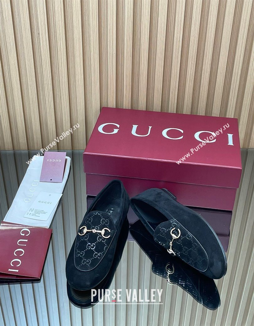 Gucci Jordaan GG Upper Suede Flat Loafers with Horsebit Black 2025 840725 (MD-250828095)