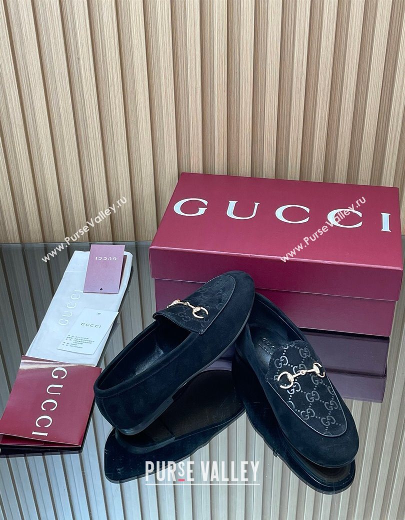 Gucci Jordaan GG Upper Suede Flat Loafers with Horsebit Black 2025 840725 (MD-250828095)