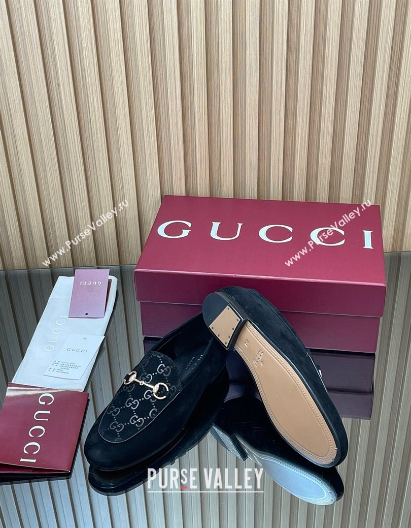 Gucci Jordaan GG Upper Suede Flat Loafers with Horsebit Black 2025 840725 (MD-250828095)