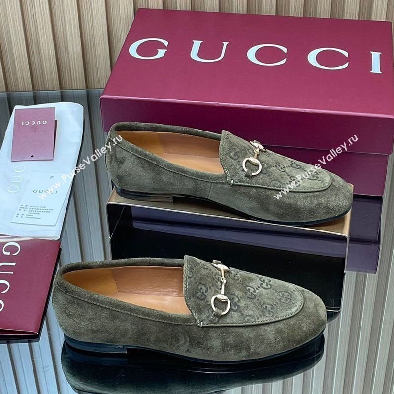 Gucci Jordaan GG Upper Suede Flat Loafers with Horsebit Green 2025 840725 (MD-250828096)
