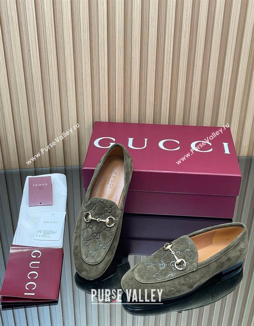 Gucci Jordaan GG Upper Suede Flat Loafers with Horsebit Green 2025 840725 (MD-250828096)