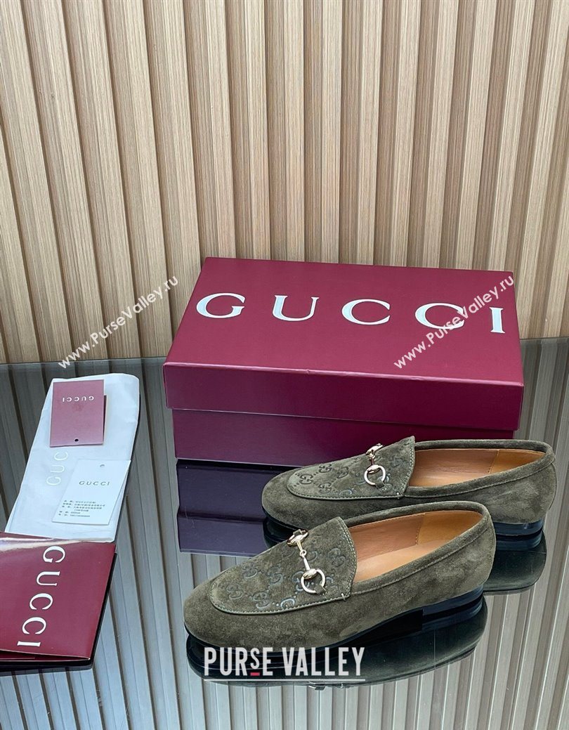Gucci Jordaan GG Upper Suede Flat Loafers with Horsebit Green 2025 840725 (MD-250828096)