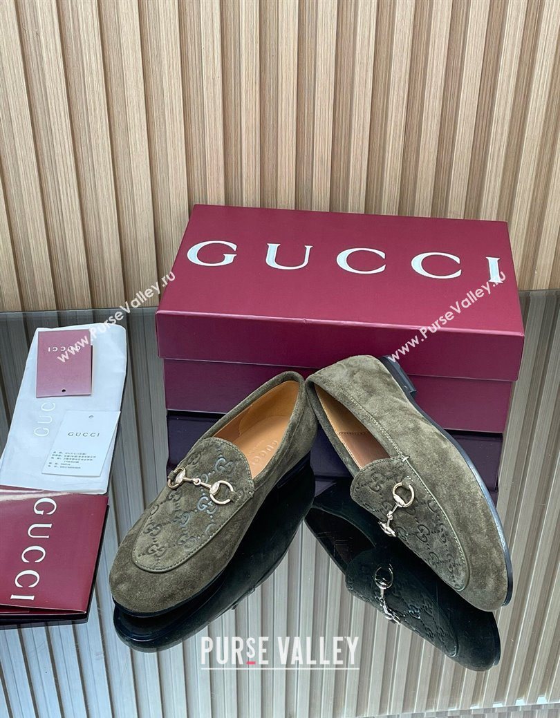 Gucci Jordaan GG Upper Suede Flat Loafers with Horsebit Green 2025 840725 (MD-250828096)