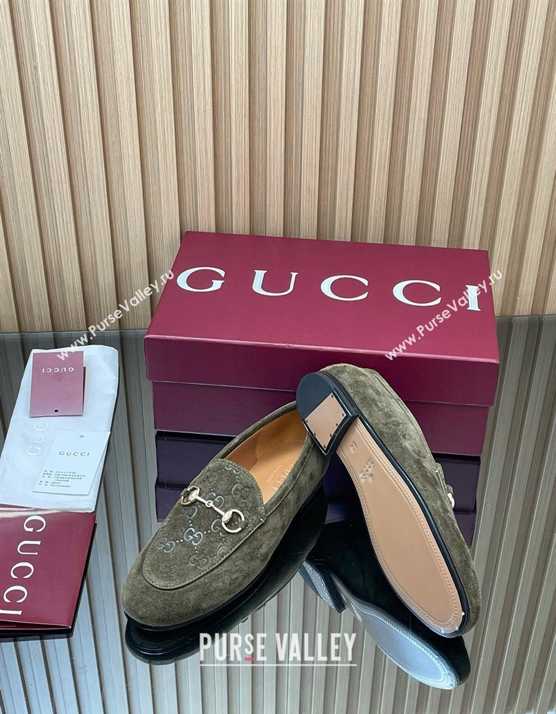 Gucci Jordaan GG Upper Suede Flat Loafers with Horsebit Green 2025 840725 (MD-250828096)