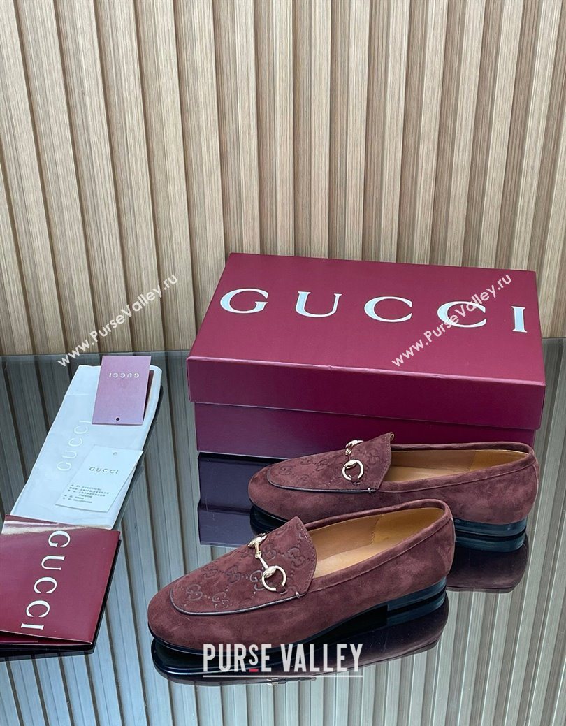 Gucci Jordaan GG Upper Suede Flat Loafers with Horsebit Dark Brown 2025 840725 (MD-250828097)