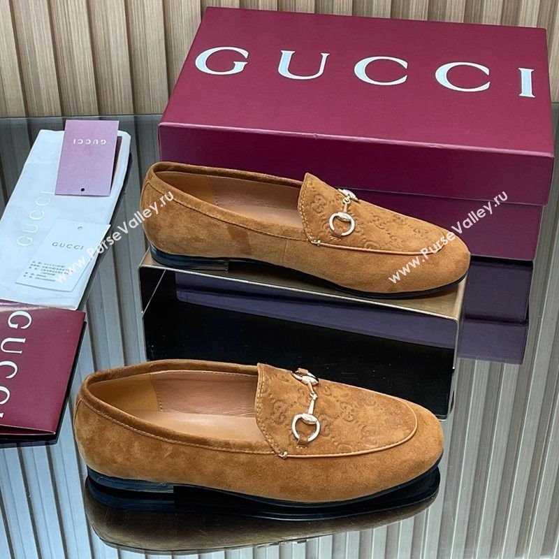 Gucci Jordaan GG Upper Suede Flat Loafers with Horsebit Light Brown 2025 840725 (MD-250828098)