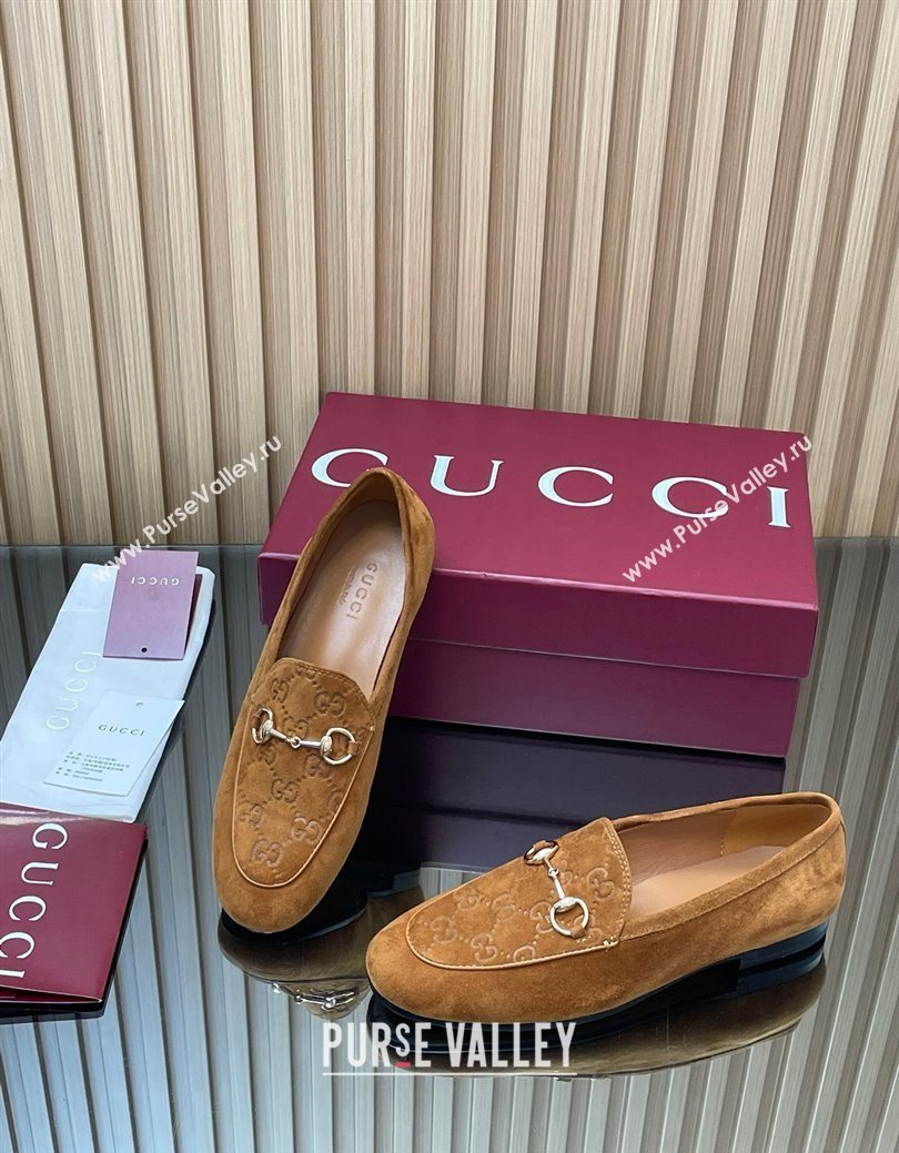 Gucci Jordaan GG Upper Suede Flat Loafers with Horsebit Light Brown 2025 840725 (MD-250828098)