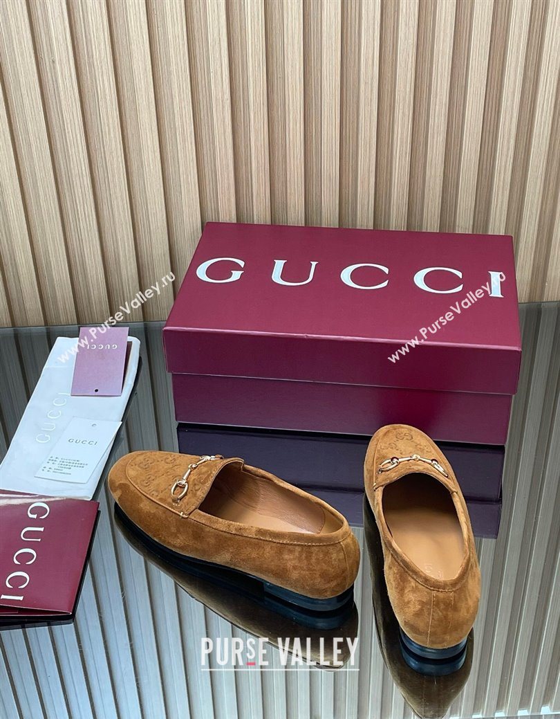Gucci Jordaan GG Upper Suede Flat Loafers with Horsebit Light Brown 2025 840725 (MD-250828098)