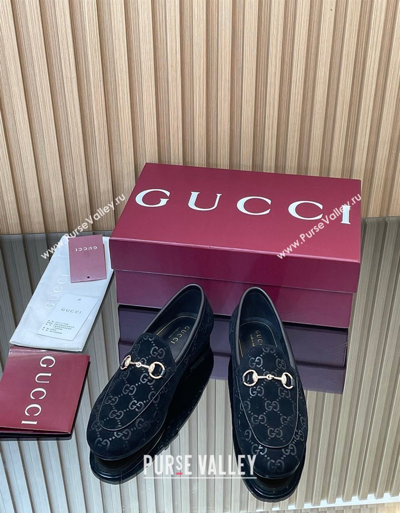 Gucci Jordaan GG Allover Suede Flat Loafers with Horsebit Black 2025 840725 (MD-250828102)