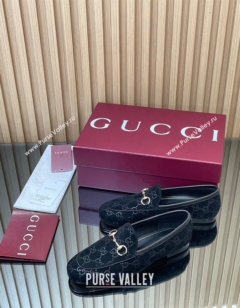 Gucci Jordaan GG Allover Suede Flat Loafers with Horsebit Black 2025 840725 (MD-250828102)