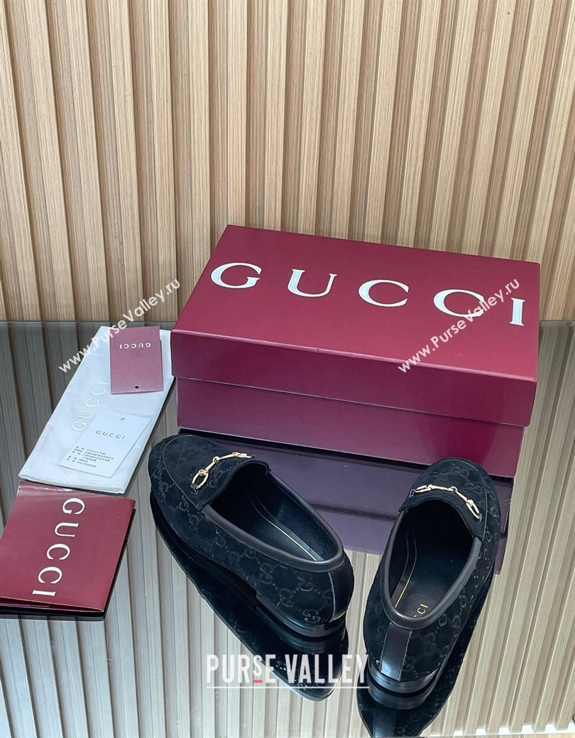 Gucci Jordaan GG Allover Suede Flat Loafers with Horsebit Black 2025 840725 (MD-250828102)