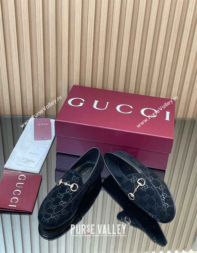 Gucci Jordaan GG Allover Suede Flat Loafers with Horsebit Black 2025 840725 (MD-250828102)