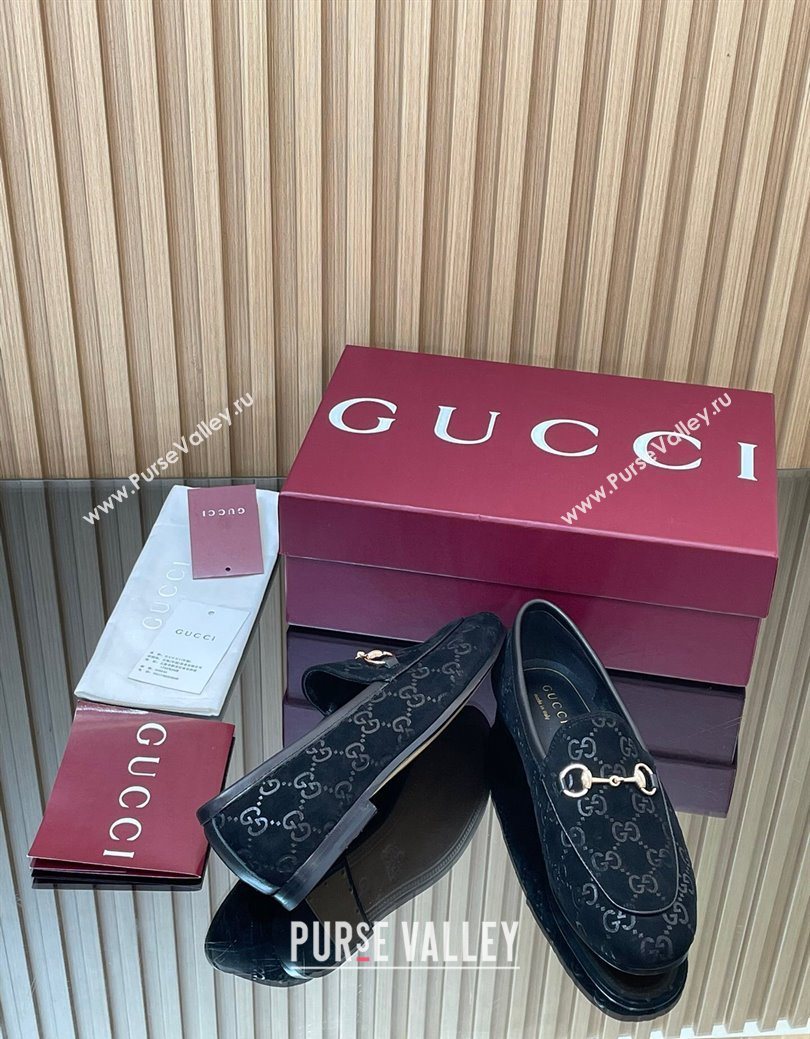 Gucci Jordaan GG Allover Suede Flat Loafers with Horsebit Black 2025 840725 (MD-250828102)