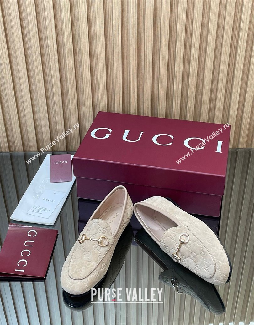 Gucci Jordaan GG Allover Suede Flat Loafers with Horsebit Beige Grey 2025 840725 (MD-250828103)