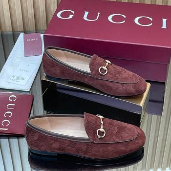 Gucci Jordaan GG Allover Suede Flat Loafers with Horsebit Dark Brown 2025 840725 (MD-250828107)