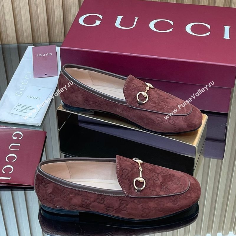 Gucci Jordaan GG Allover Suede Flat Loafers with Horsebit Dark Brown 2025 840725 (MD-250828107)