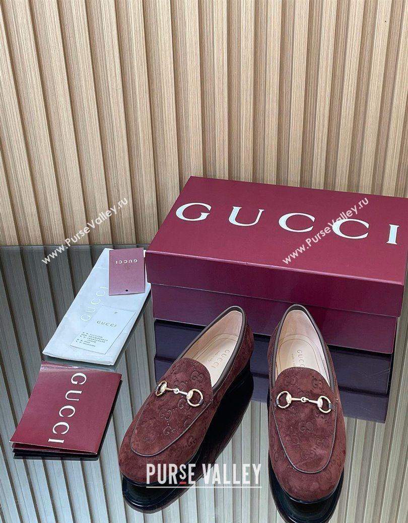 Gucci Jordaan GG Allover Suede Flat Loafers with Horsebit Dark Brown 2025 840725 (MD-250828107)