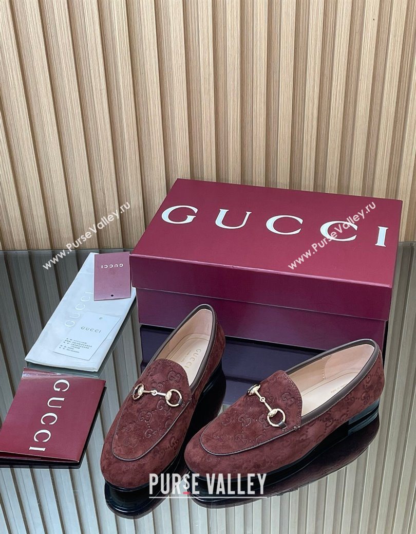 Gucci Jordaan GG Allover Suede Flat Loafers with Horsebit Dark Brown 2025 840725 (MD-250828107)