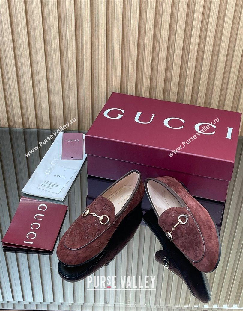 Gucci Jordaan GG Allover Suede Flat Loafers with Horsebit Dark Brown 2025 840725 (MD-250828107)