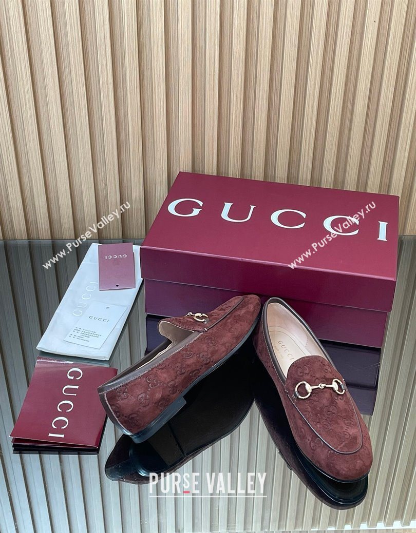 Gucci Jordaan GG Allover Suede Flat Loafers with Horsebit Dark Brown 2025 840725 (MD-250828107)