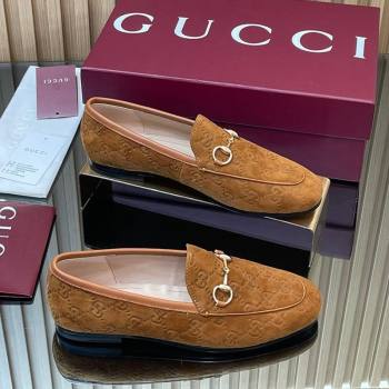 Gucci Jordaan GG Allover Suede Flat Loafers with Horsebit Light Brown 2025 840725 (MD-250828108)