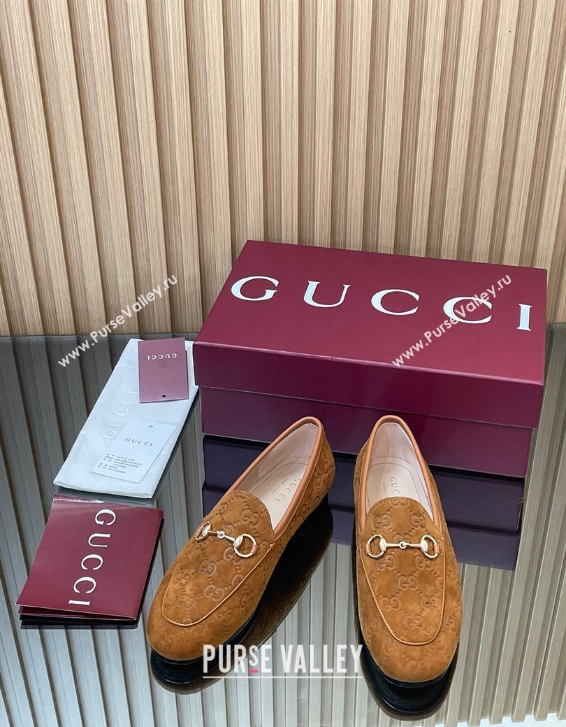 Gucci Jordaan GG Allover Suede Flat Loafers with Horsebit Light Brown 2025 840725 (MD-250828108)