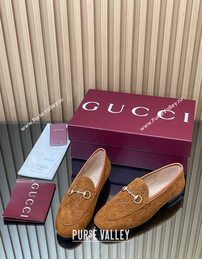 Gucci Jordaan GG Allover Suede Flat Loafers with Horsebit Light Brown 2025 840725 (MD-250828108)