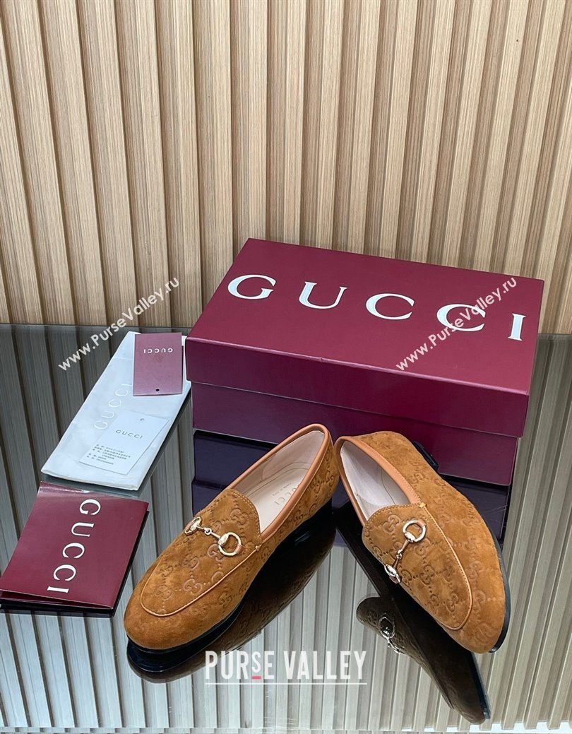 Gucci Jordaan GG Allover Suede Flat Loafers with Horsebit Light Brown 2025 840725 (MD-250828108)