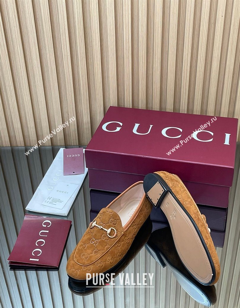 Gucci Jordaan GG Allover Suede Flat Loafers with Horsebit Light Brown 2025 840725 (MD-250828108)