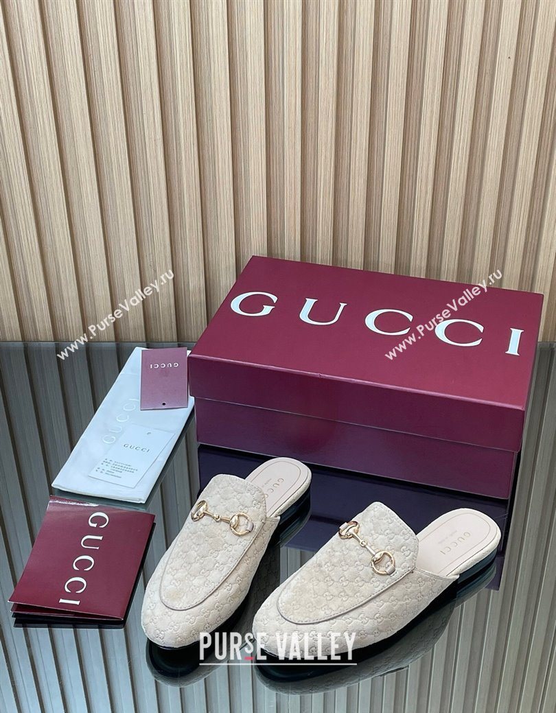 Gucci Princetown GG Allover Suede Flat Slipper with Horsebit Beige Grey 2025 ‎813864 (MD-250828110)