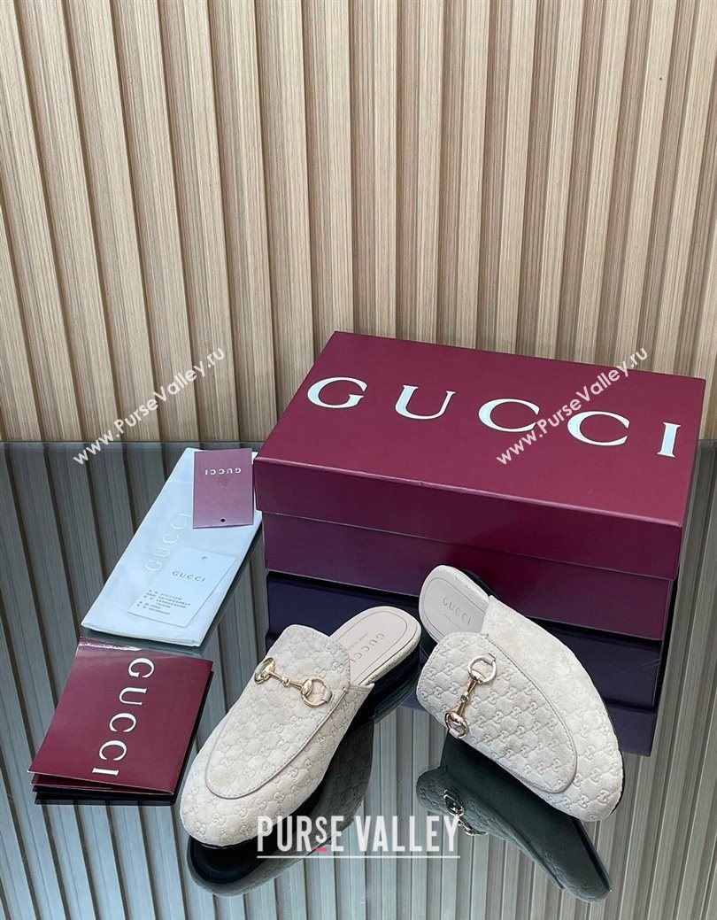 Gucci Princetown GG Allover Suede Flat Slipper with Horsebit Beige Grey 2025 ‎813864 (MD-250828110)