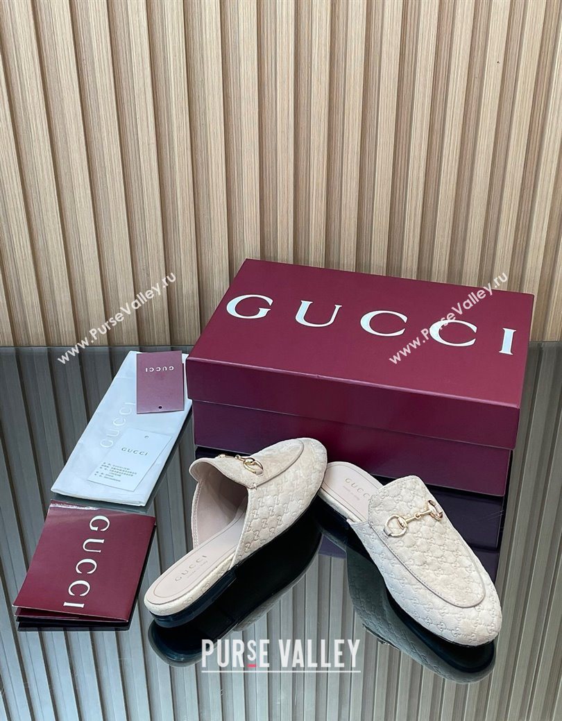 Gucci Princetown GG Allover Suede Flat Slipper with Horsebit Beige Grey 2025 ‎813864 (MD-250828110)