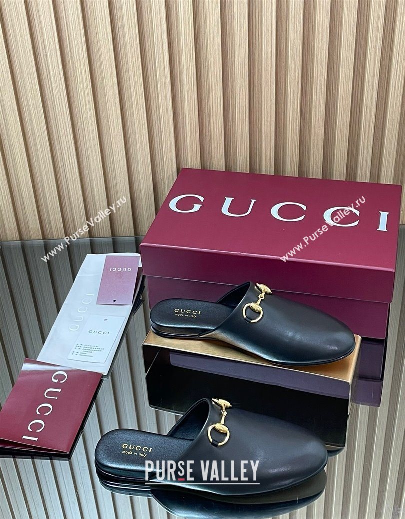 Gucci Leather Flat Mules with Horsebit Black 2025 849565 (MD-250828119)