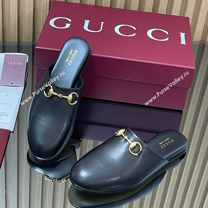 Gucci Leather Flat Mules with Horsebit Black 2025 849565 (MD-250828119)
